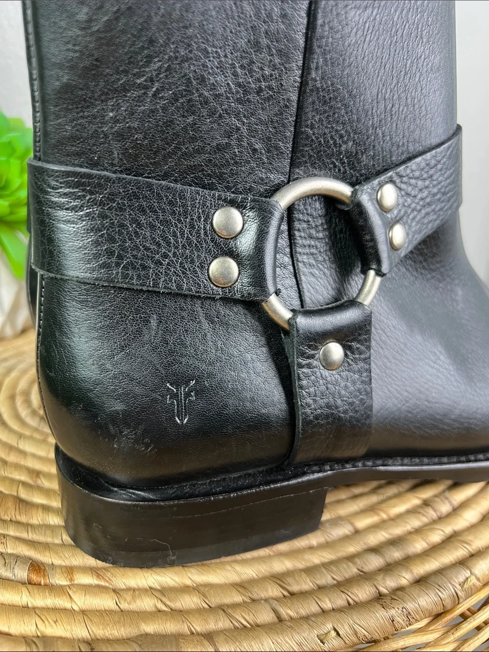 Frye Black Leather Harness Ankle Boots with Ring Detail
